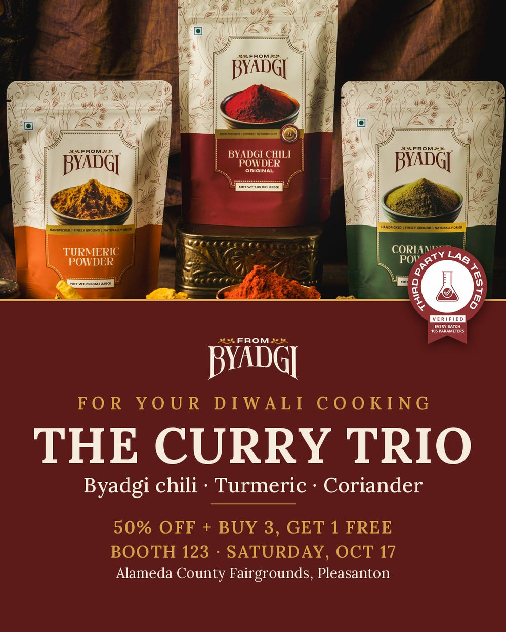 From Byadgi Curry Trio, Byadgi chili, turmeric and coriander powder pouches, at the AIA Dussehra Diwali Dhamaka, Booth 123, Alameda County Fairgrounds, Pleasanton, October 17 2026