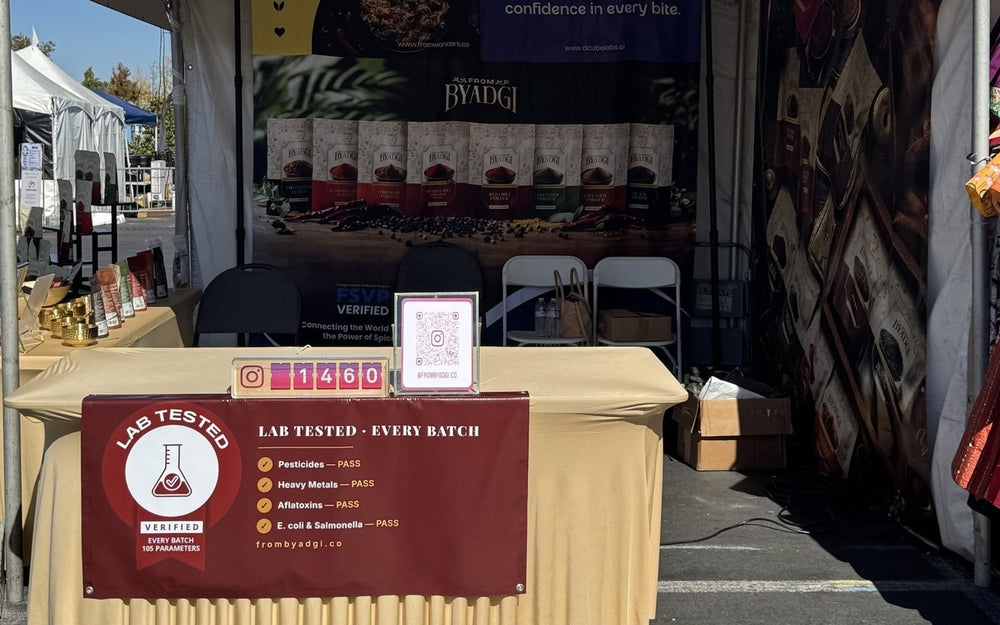 From Byadgi booth at a Bay Area event with a Lab Tested Every Batch banner: pesticides, heavy metals, aflatoxins, E. coli and Salmonella PASS